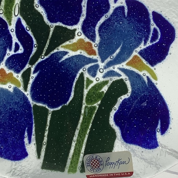 Peggy Karr Hand Fused Glass Bowl Featuring Blue Irises - Picture 3 of 13